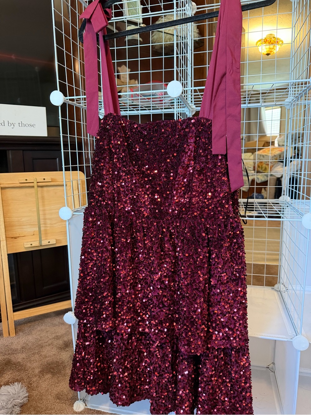 Altar'd State Girls Wine Sequin Tie-Strap Party Dress